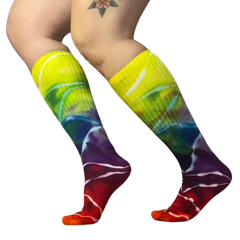 Ice Dyed Bamboo Socks - Tie Dye Stockings - Rainbow Red Yellow Green (One Size)
